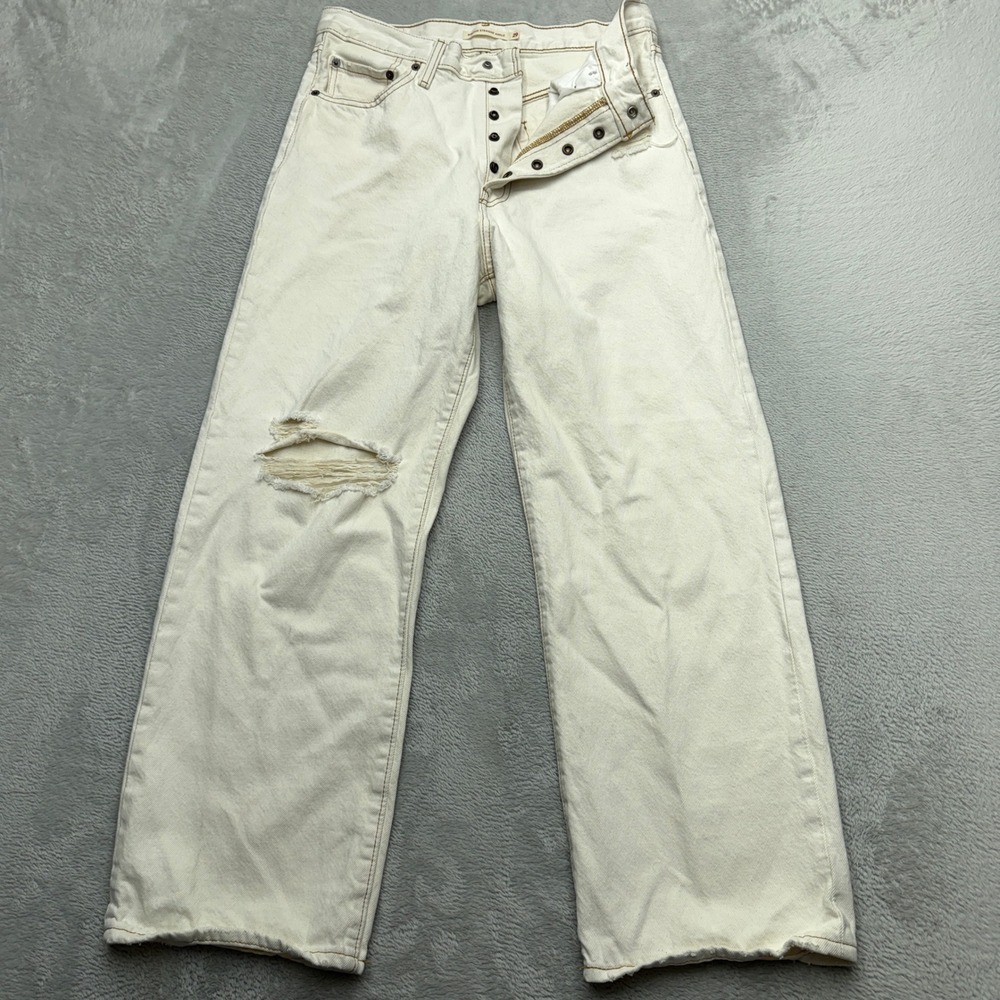 Levis Ribcage Straight Ankle Jeans Womens 29 Distressed Off White Cream Denim